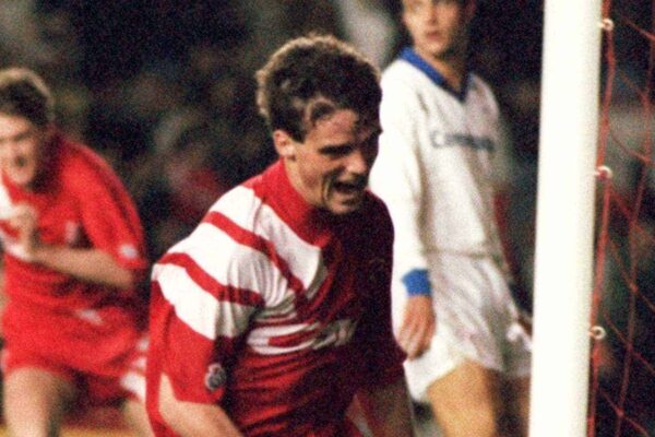 Liverpool's Mike Marsh scores the second goal