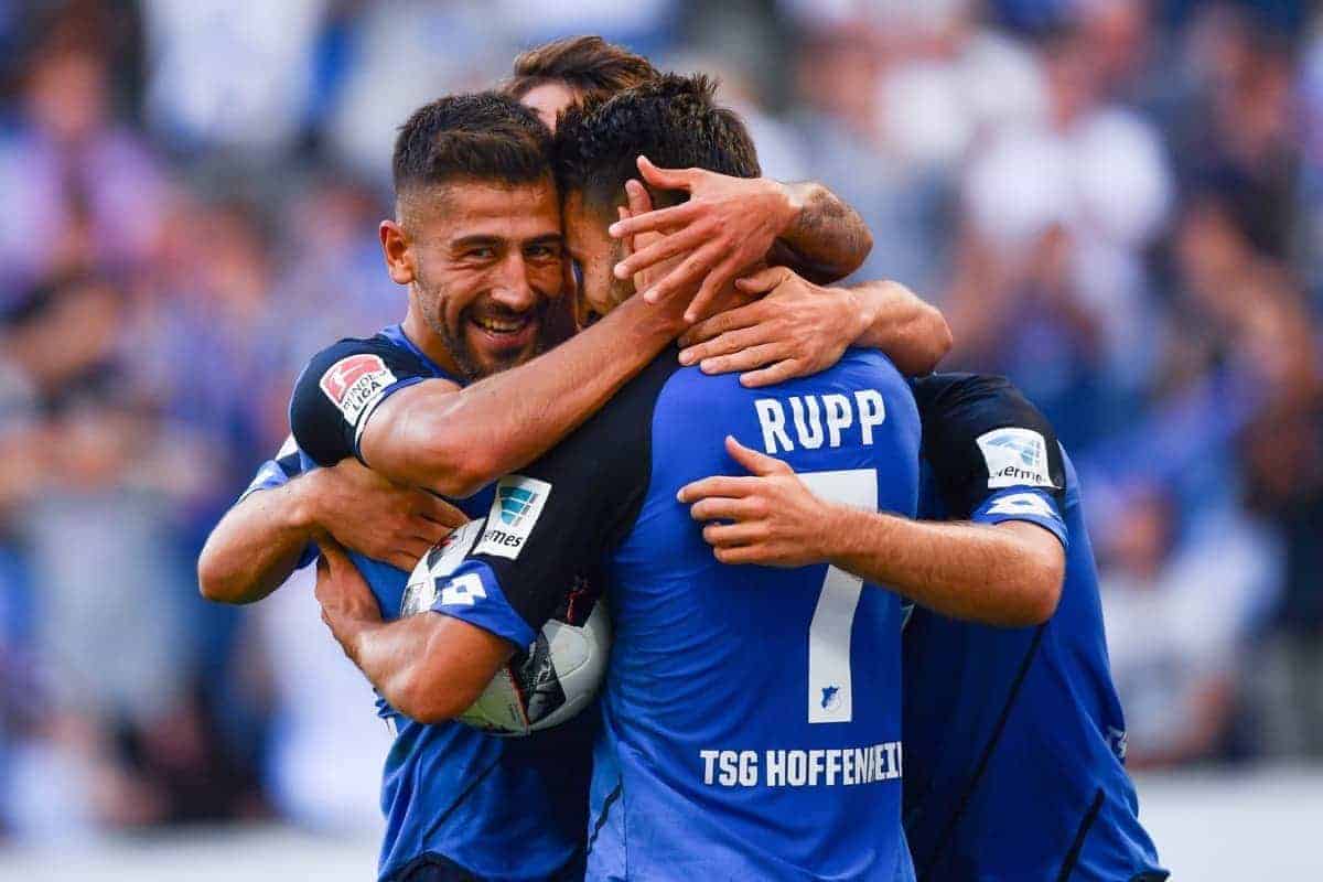 Hoffenheim's Lukas Rupp (r) celebrates his 2:1 goal with Kerem Demirbay during the Bundesliga soccer match between 1899 Hoffenheim and FC Schalke 04 at Rhein-Neckar-Arena in Sinsheim, Germany, 25 September 2016. PHOTO: UWE ANSPACH/dpa (EMBARGO CONDITIONS - ATTENTION: Due to the accreditation guidlines, the DFL only permits the publication and utilisation of up to 15 pictures per match on the internet and in online media during the match.)