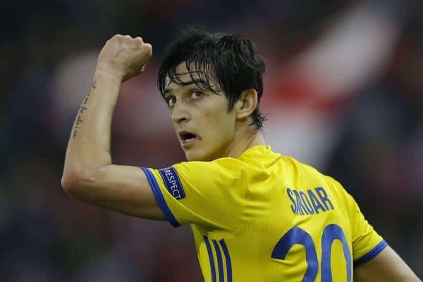 Rostov's Sardar Azmoun celebrates scoring his side's 1st goal during the Champions League Group D soccer match between Atletico Madrid and Rostov at the Vicente Calderon stadium in Madrid, Spain, Tuesday Nov. 1, 2016. (AP Photo/Francisco Seco)