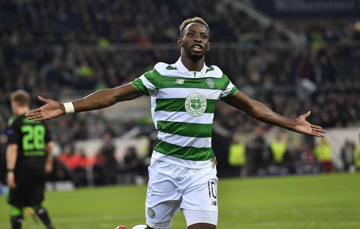 Celtic's Moussa Dembele celebrates after scoring a penalty during the Champions League group C soccer match between Borussia Moenchengladbach and Celtic FC in Moenchengladbach, Germany, Tuesday, Nov. 1, 2016. (AP Photo/Martin Meissner)