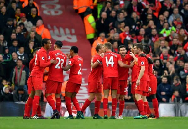 Roberto Firmino celebrates scoring his side's fourth goal of the game with Philippe Coutinho (right) against Watford. Nov 6 2016. (Picture by Dave Howarth PA Wire/PA Images)