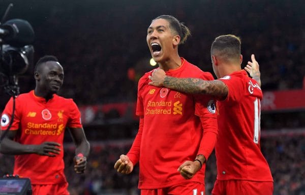Roberto Firmino celebrates scoring his side's fourth goal of the game with Philippe Coutinho (right) against Watford. Nov 6 2016. (Picture by Dave Howarth PA Wire/PA Images)