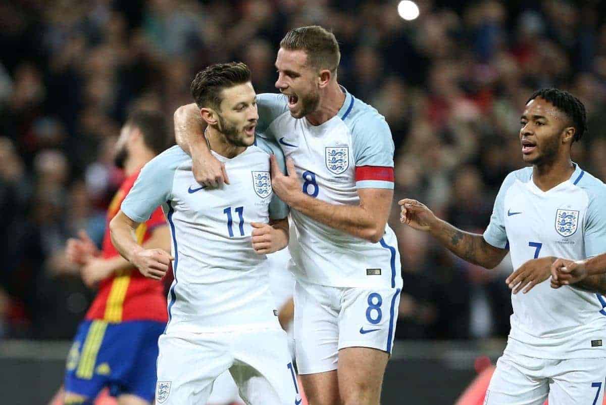 England's Adam Lallana celebrates scoring his sides opening goal during the friendly match at Wembley Stadium, London. Picture date November 15th, 2016 Pic David Klein/Sportimage
