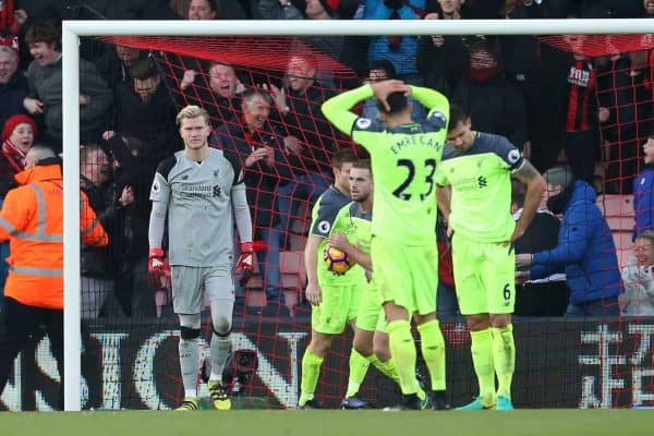 Liverpool's Loris Karius looks on dejected after his mistake gives Bournemouth's their fourth goal during the Premier League match at the Vitality Stadium, London. Picture date December 4th, 2016 Pic David Klein/Sportimage via PA Images