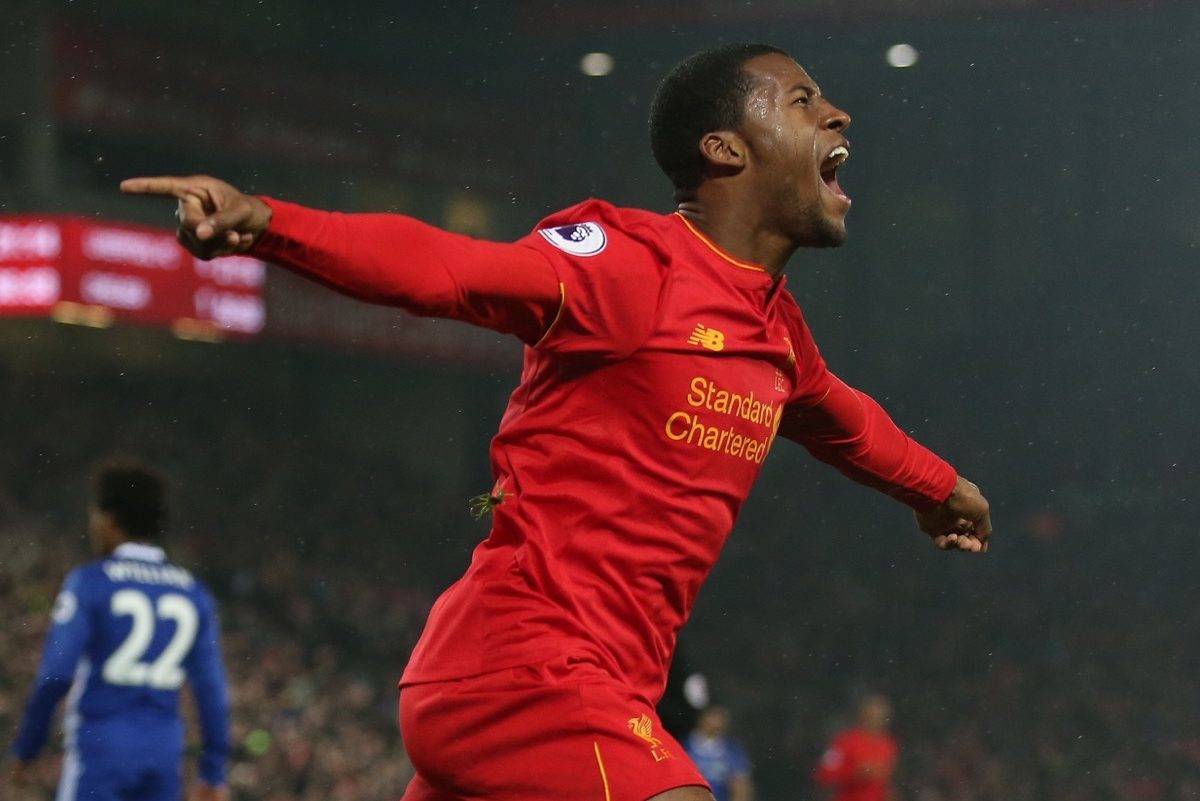 Georginio Wijnaldum of Liverpool (r) celebrates the equalising goal during the English Premier League match at Anfield Stadium, Liverpool. Picture date: January 31st, 2017. Pic Simon Bellis/Sportimage via PA Images