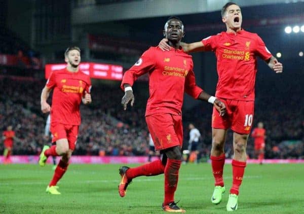 Liverpool's Sadio Mane celebrates scoring his side's second goal of the game during the Premier League match at Anfield, Liverpool. Saturday February 11, 2017. Photo: Peter Byrne/PA Wire.