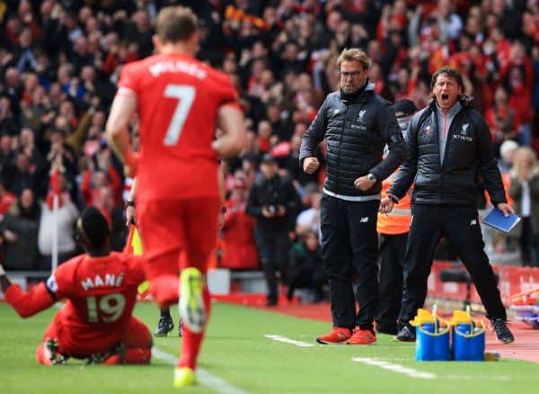 Liverpool manager Jurgen Klopp celebrates as goalscorer Sadio Mane celebrates scoring his side's first goal during the Premier League match at Anfield, Liverpool. ( Peter Byrne/PA Wire/PA Images)