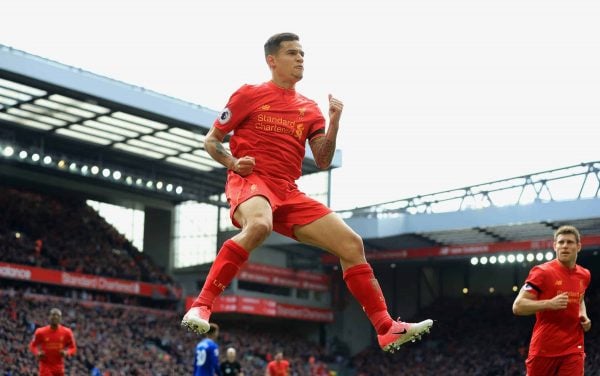 Liverpool's Philippe Coutinho celebrates scoring his side's second goal during the Premier League match at Anfield, Liverpool.