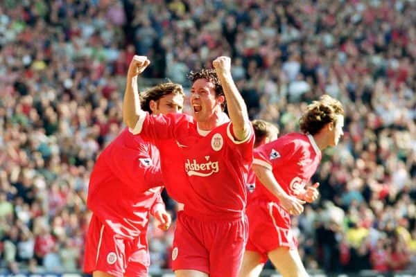 Robbie Fowler, celebrates against Everton (Neal Simpson/EMPICS Sport)