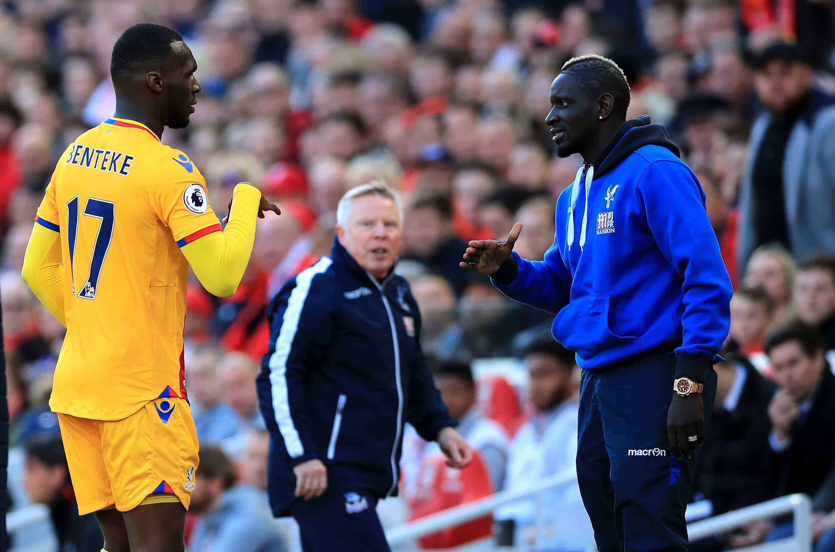 Crystal Palace's Christian Benteke celebrates scoring his side's first goal of the game with Mamadou Sakho during the Premier League match at Anfield, Liverpool.