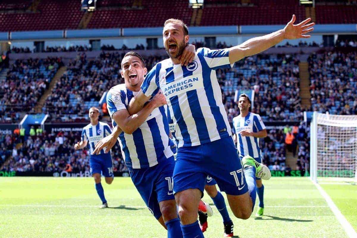 Brighton & Hove Albion's Glenn Murray (right) celebrates scoring his side's first goal of the game during the Sky Bet Championship match at Villa Park, Birmingham. PRESS ASSOCIATION Photo. Picture date: Sunday May 7, 2017. See PA story: SOCCER Villa. Photo credit should read: Nick Potts/PA Wire. RESTRICTIONS: EDITORIAL USE ONLY No use with unauthorised audio, video, data, fixture lists, club/league logos or "live" services. Online in-match use limited to 75 images, no video emulation. No use in betting, games or single club/league/player publications.