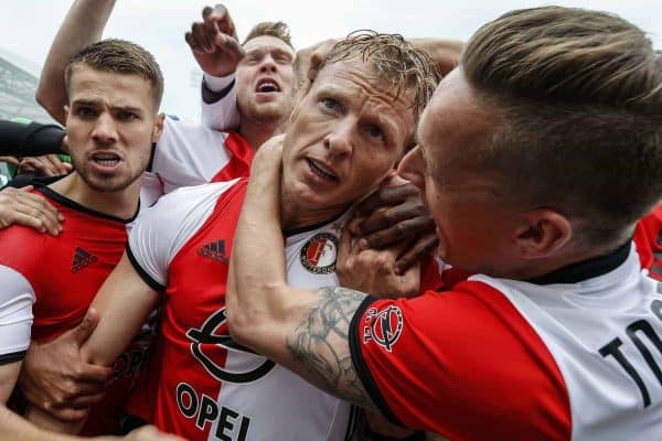 (L-R) Bart Nieuwkoop of Feyenoord, Nicolai Jorgensen of Feyenoord, Dirk Kuyt of Feyenoord, Jens Toornstra of Feyenoord during the Dutch Eredivisie match between Feyenoord Rotterdam and Heracles Almelo at the Kuip on May 14, 2017 in Rotterdam, The Netherlands