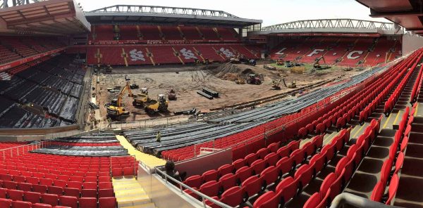 A general view of Anfield as construction vehicles carry out work on a new "Desso GrassMaster" pitch - a combination of natural grass and artificial fibres - after the previous had exceeded its 10 year life span.