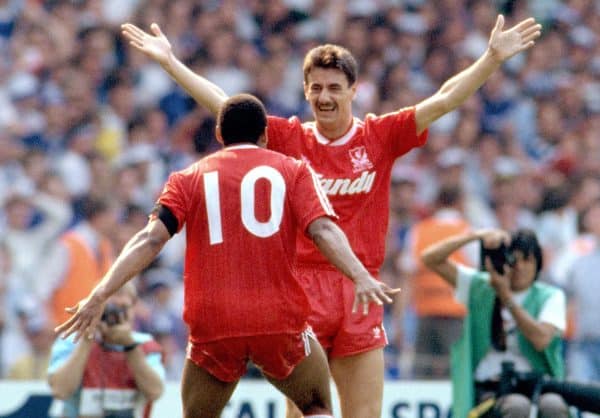 Liverpool's John Barnes (left) celebrates the winning goal with Ian Rush (right) 1989 FA Cup final, Wembley (PA Images)