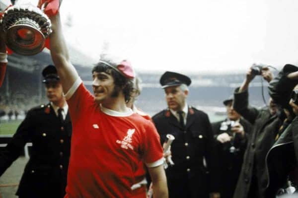 Liverpool's Kevin Keegan celebrates with the FA Cup