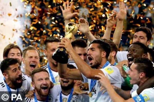 ST PETERSBURG, RUSSIA ñ JULY 2, 2017: Germany's Emre Can holds the trophy as he celebrates with his teammates after winning their 2017 FIFA Confederations Cup final football match against Chile at Saint Petersburg Arena Stadium. Germany won the game 1-0 and claimed their first Confederations Cup title. Alexander Demianchuk/TASS