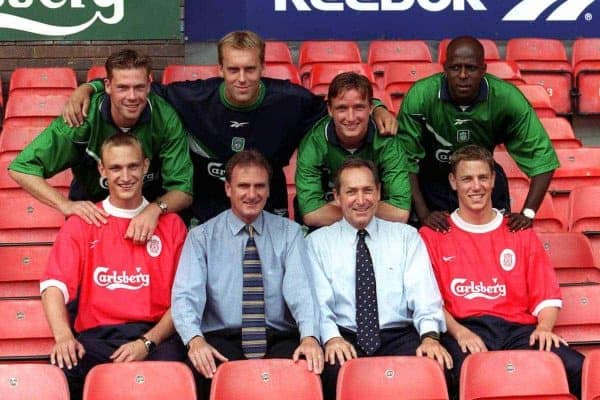 Liverpool's new signings back row (l to r) Erik Meijer, Sander Westerveld, Vladimir Smicer, Titi Camara and front row (l to r) Sammi Hyypia, coach Phil Thompson and manager Gerard Houllier and Stephane Henchoz - Picture by: Michael Steele / EMPICS Sport