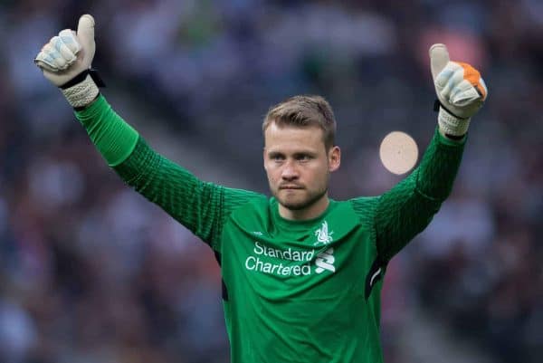 Liverpool's goalkeeper Simon Mignolet gives the thumbs up after his side extend their lead to 3:0 during the international club friendly soccer match between Hertha BSC and FC Liverpool in the Olympia Stadium in Berlin, Germany, 29 July 2017. Photo: Soeren Stache/dpa
