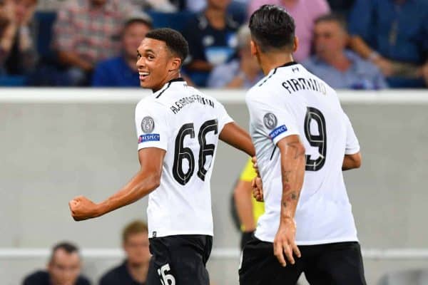 Liverpool's Trent Alexander-Arnold (L) celebrates his 0-1 goal together with his team mate Roberto Firmino during the Champions League's qualifer match between 1899 Hoffenheim and FC Liverpool in the Rhein-Neckar-Arena in Sinsheim, Germany, 15 August 2017. Photo: Uwe Anspach/dpa