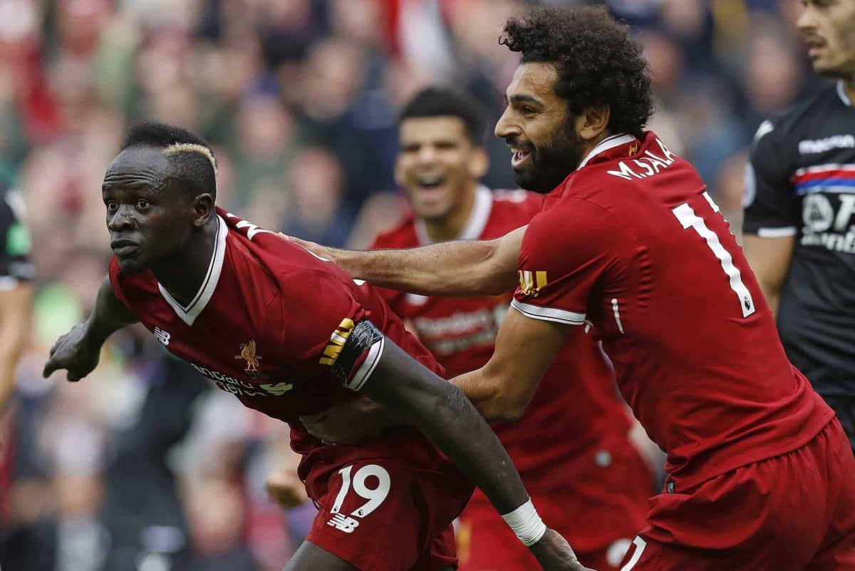 Liverpool's Sadio Mane celebrates scoring his side's first goal of the game during the Premier League match at Anfield, Liverpool. PRESS ASSOCIATION Photo. Picture date: Saturday August 19, 2017. See PA story SOCCER Liverpool. Photo credit should read: Martin Rickett/PA Wire.