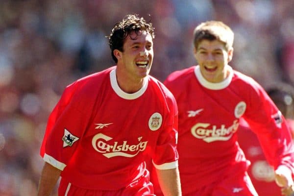 Liverpool's Robbie Fowler celebrates his goal vs. Arsenal w. Steven Gerrard (1999) (Neal Simpson/EMPICS Sport)