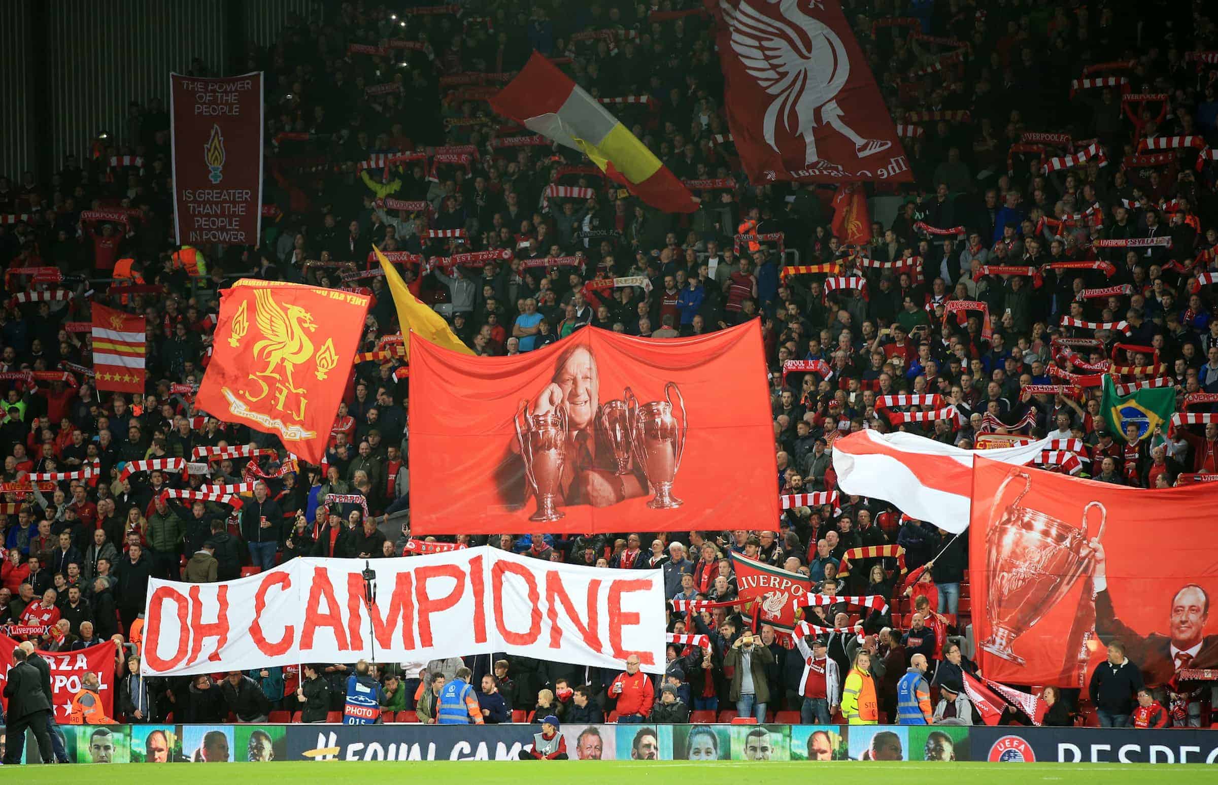 Liverpool fans before the UEFA Champions League, Group E match at Anfield. Wednesday September 13, 2017. Photo: Peter Byrne/PA Wire