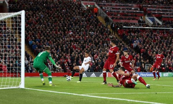 Sevilla's Wissam Ben Yedder (centre) scores his side's first goal of the game