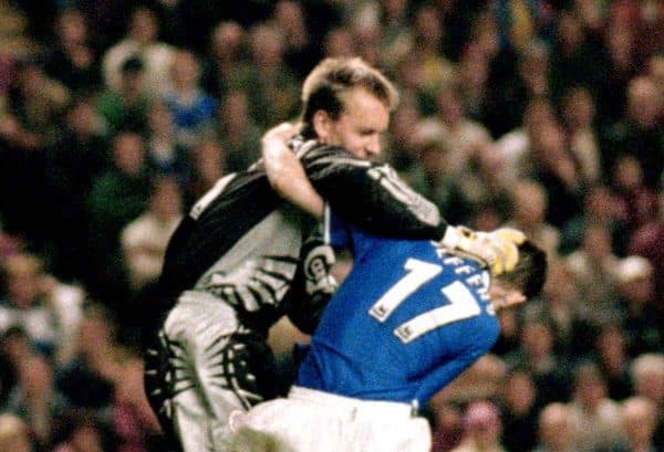 Liverpool goalkeeper Sander Westerveld fights with Everton's Francis Jeffers before both were sent off