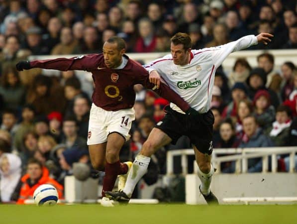 Arsenal's Thierry Henry (l) and Liverpool's Jamie Carragher (r), Highbury 2006 ( Mike Egerton/EMPICS Sport)