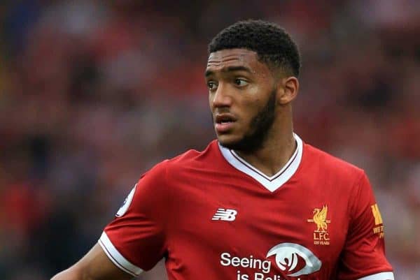 Liverpool's Joe Gomez during the Premier League match at Anfield, Liverpool. PRESS ASSOCIATION Photo. Picture date: Saturday October 14, 2017. See PA story SOCCER Liverpool. Photo credit should read: Peter Byrne/PA Wire. RESTRICTIONS: EDITORIAL USE ONLY No use with unauthorised audio, video, data, fixture lists, club/league logos or "live" services. Online in-match use limited to 75 images, no video emulation. No use in betting, games or single club/league/player publications. (Peter Byrne/PA Wire/PA Images)