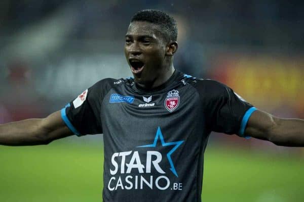 Mouscron's Taiwo Awoniyi celebrate after scoring during the Jupiler Pro League match between KAA Gent and Royal Excel Mouscron, in Gent, Friday 24 November 2017, on the day 16 of the Jupiler Pro League, the Belgian soccer championship season 2017-2018. BELGA PHOTO JASPER JACOBS