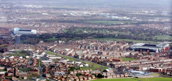 Aerial view of (right) Anfield Stadium home of Premier League Liverpool Football Club with Stanley Park behind. Stanley Park is the proposed new location for the new build stadium. and (Left) Goodison Park home of Everton Football Club (Picture by: Peter Byrne / PA Archive/Press Association Images)