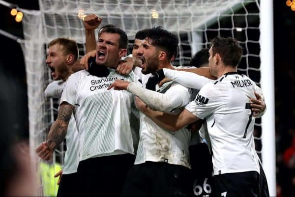 Liverpool's Ragnar Klavan (left) celebrates scoring his side's first goal of the game with team-mates including Liverpool's Dejan Lovren (second left) during the Premier League match at Turf Moor, Burnley.