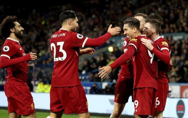 Liverpool's Roberto Firmino (third right) celebrates scoring his side's second goal of the game during the Premier League match at the John Smith's Stadium, Huddersfield. ( Martin Rickett/PA Wire/PA Images)