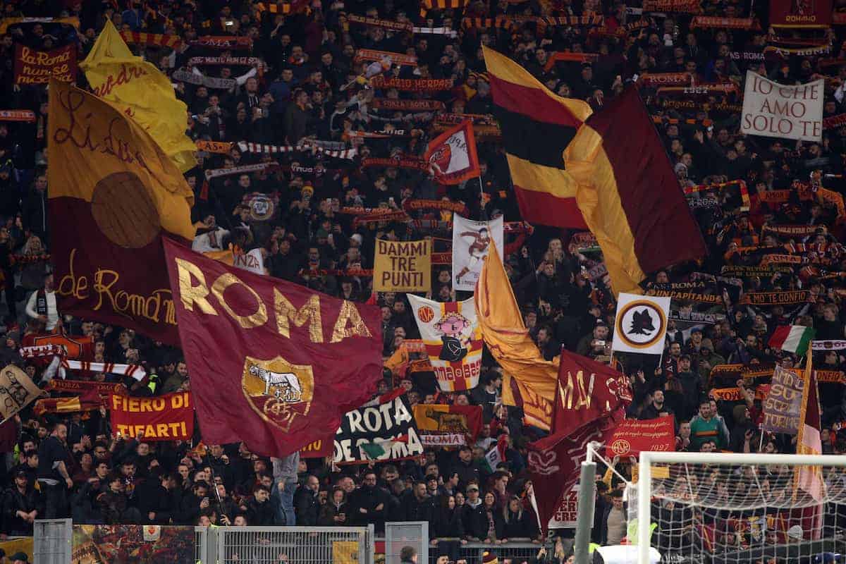 As Roma supporters in action during the match at Stadio Olimpico in Rome.