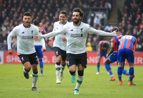 Liverpool's Mohamed Salah celebrates scoring his side's second goal of the game during the Premier League match at Selhurst Park, London. (Adam Davy/PA Wire/PA Images0