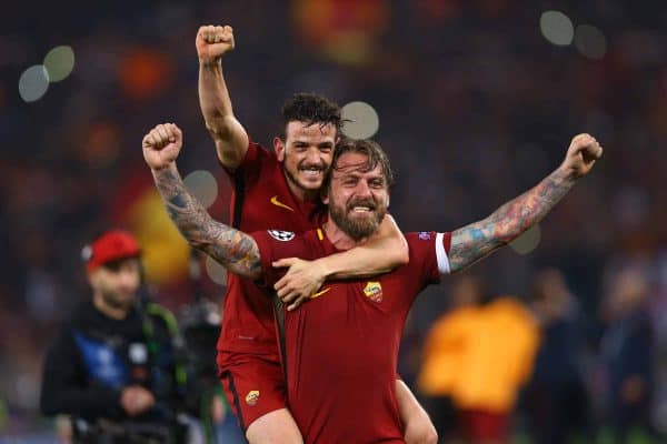 Alessandro Florenzi and Daniele De Rossi of Roma celebrate at Olimpico Stadium in Rome, Italy on April 10, 2018. (Photo by Matteo Ciambelli/NurPhoto/Sipa USA)