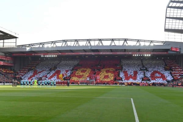 A minute's applause is held to mark the 29th anniversary of the Hillsborough tragedy before the Premier League match at Anfield, Liverpool. PRESS ASSOCIATION Photo. Picture date: Saturday April 14, 2018.. Photo: Anthony Devlin/PA Wire.