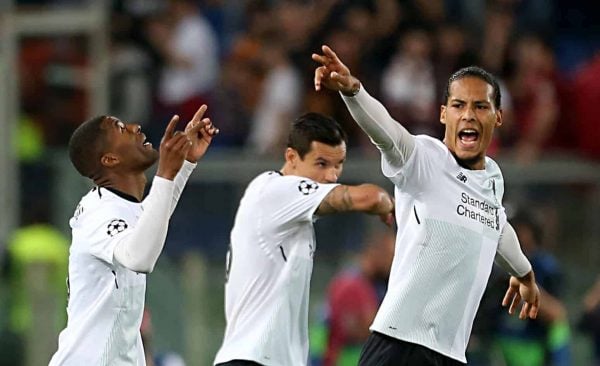 Liverpool's Georginio Wijnaldum (left) celebrates scoring his side's second goal of the game during the UEFA Champions League, Semi Final, Second Leg at the Stadio Olimpico, Rome.