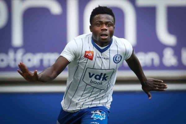 Gent's Moses Simon celebrates after scoring during the Jupiler Pro League match of Play-Off group 1, between KAA Gent and RSC Anderlecht, in Gent, Sunday 13 May 2018, on day nine of the Play-Off 1 of the Belgian soccer championship. BELGA PHOTO VIRGINIE LEFOUR