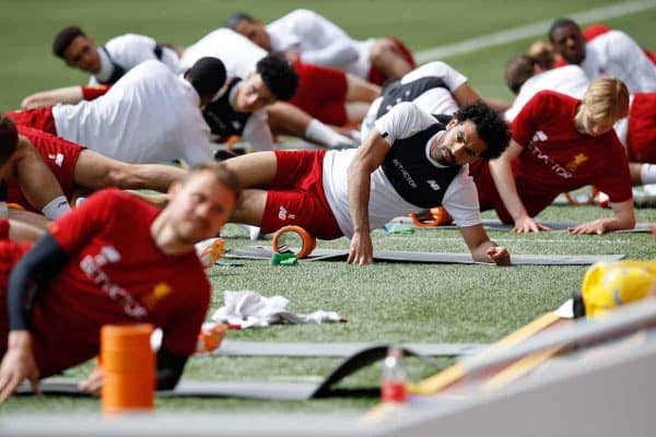 Liverpool's Mohamed Salah during the training session at Anfield, Liverpool - Martin Rickett/PA Wire/PA Images