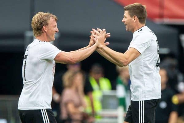 Dirk Kuyt of friends, Steven Gerrard of Friendsteam during the Dirk Kuyt Testimonial match at stadium de Kuip on May 27, 2018 in Rotterdam, the Netherlands