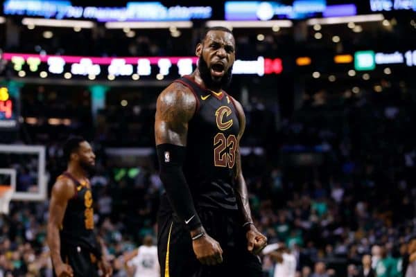 May 27, 2018; Boston, MA, USA; Cleveland Cavaliers forward LeBron James (23) celebrates after drawing foul against the Boston Celtics during the forth quarter in game seven of the Eastern conference finals of the 2018 NBA Playoffs at TD Garden. Mandatory Credit: David Butler II-USA TODAY Sports