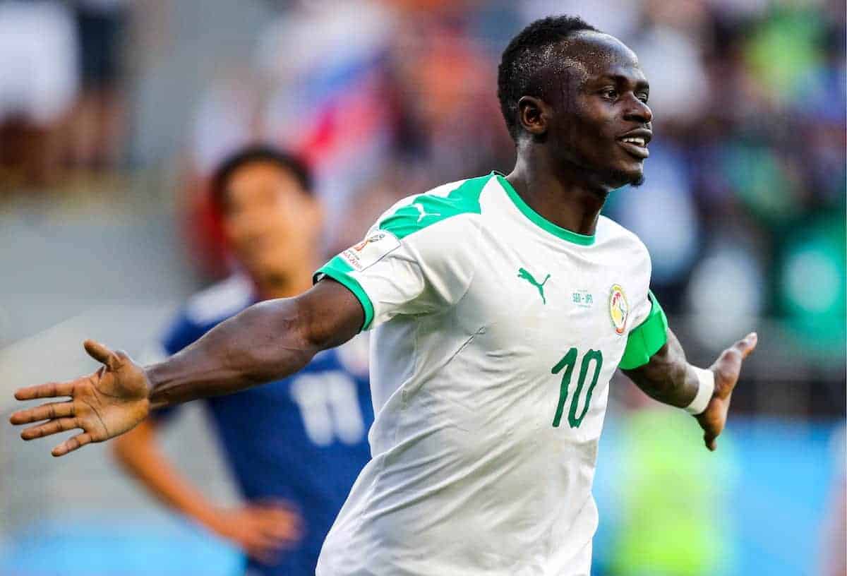 YEKATERINBURG, RUSSIA - JUNE 24, 2018: Senegal's Sadio Mane celebrates scoring in a 2018 FIFA World Cup Group H match against Japan at Yekaterinburg Arena. Sergei Bobylev/TASS