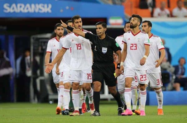 Referee Careers whistles penalty in the Fifa World Cup Russia 2018, Group B, football match between IRAN V PORTUGAL in MORDOVIA ARENA STADIUM in SARANSK. ( Marco Iacobucci / IPA/IPA MilestoneMedia/PA Images)