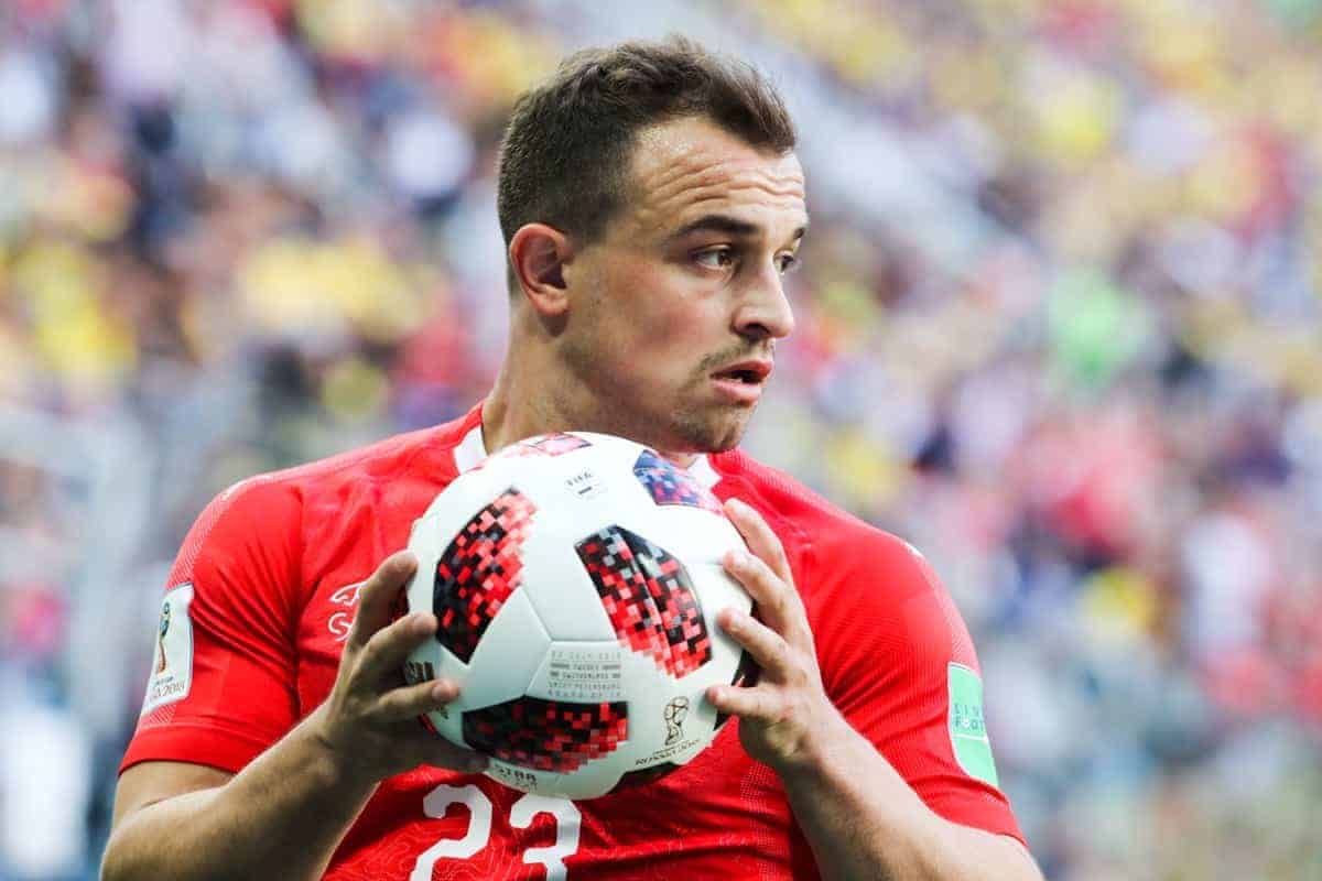 ST PETERSBURG, RUSSIA - JULY 3, 2018: Switzerland's Xherdan Shaqiri with a ball in hands in the Knockout Stage Round of 16 football match between Sweden and Switzerland at Saint Petersburg Stadium (Krestovsky Stadium) at FIFA World Cup Russia 2018; Sweden won 1-0. Alexander Demianchuk/TASS