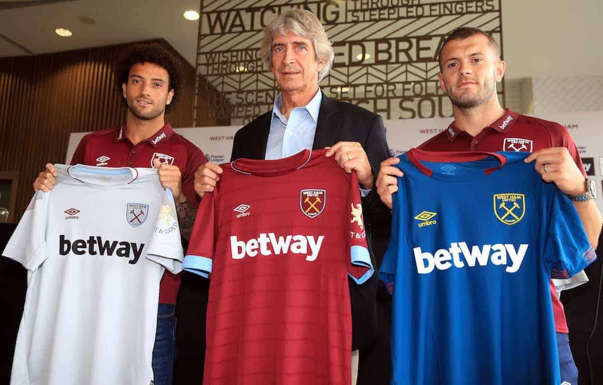 West Ham manager Manuel Pellegrini (centre) with Felipe Anderson (left) and Jack Wilshere Adam Davy/PA Wire/PA Images)