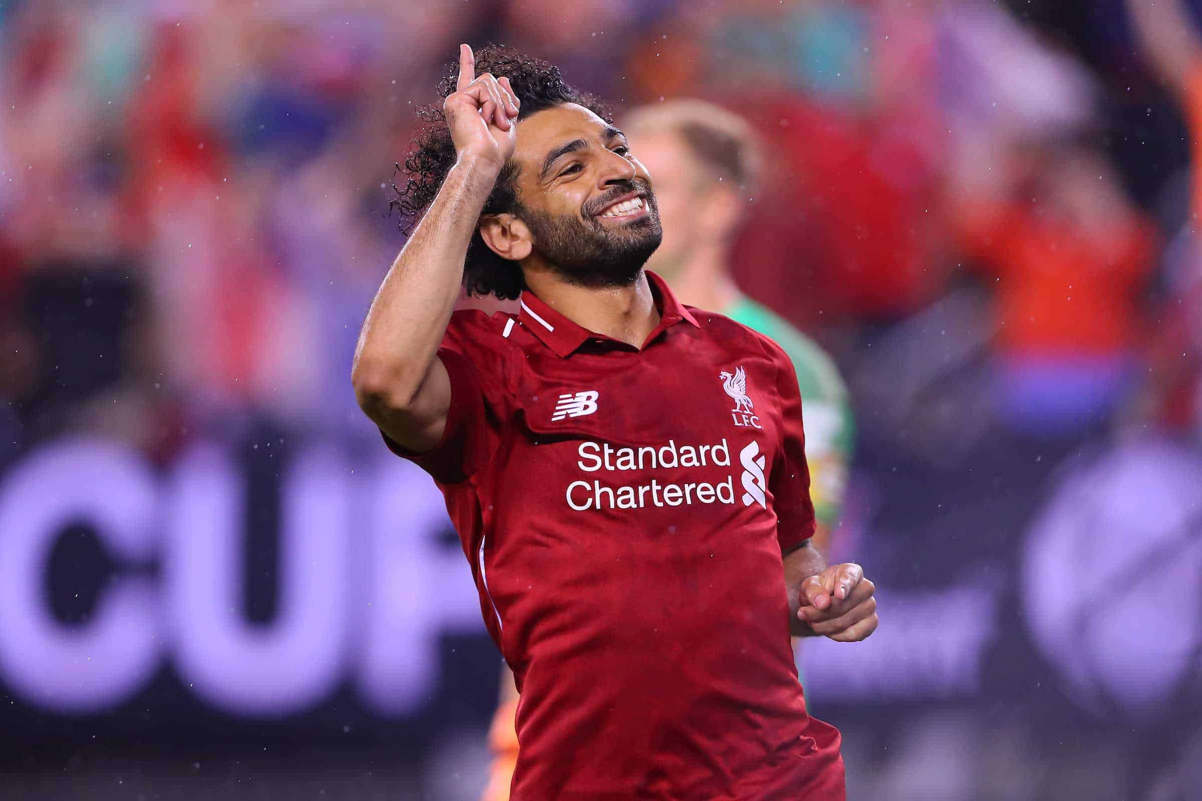 July 25, 2018 - East Rutherford, NJ, U.S. - EAST RUTHERFORD, NJ - JULY 25: Liverpool midfielder Mohamed Salah (11) celebrates after he scores during the second half of the International Champions Cup Soccer game between Liverpool and Manchester City on July 25, 2018 at Met Life Stadium in East Rutherford, NJ. (Photo by Rich Graessle/Icon Sportswire) (Credit Image: © Rich Graessle/Icon SMI via ZUMA Press)