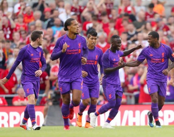 Liverpool's Georginio Wijnaldum (right) celebrates scoring his side's second goal of the game with team mates during the pre-season friendly match at the Aviva Stadium, Dublin. S Niall Carson/PA Wire.