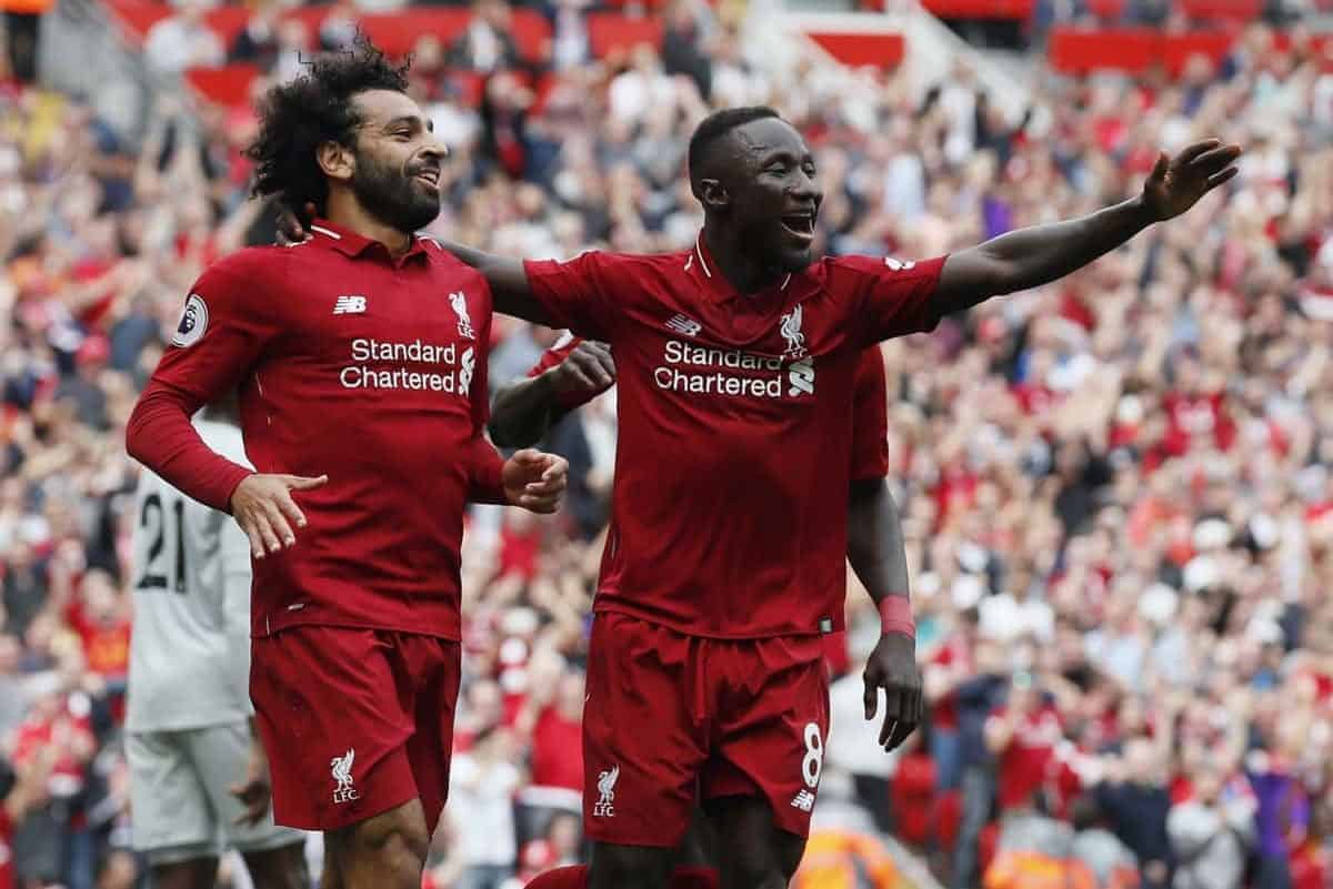 Mohamed Salah of Liverpool celebrates scoring the first goal during the Premier League match at Anfield Stadium, Liverpool. Picture date 12th August 2018. Picture credit should read: Simon Bellis/Sportimage via PA Images